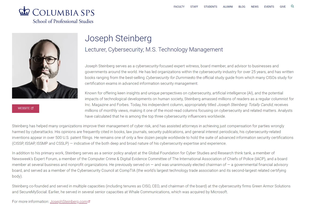 Columbia University CyberSecurity Lecturer Joseph Steinberg